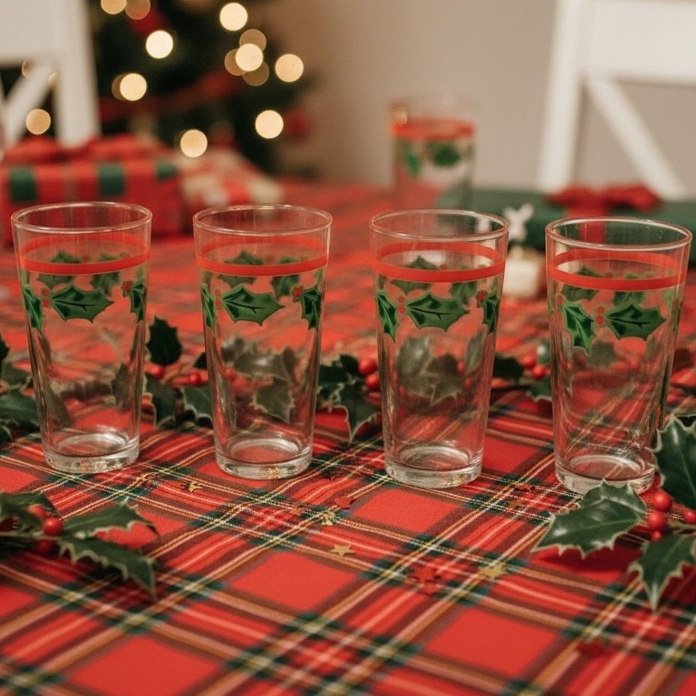 KIG Christmas‎ Red Band Tumblers, Set of 4, Vintage Holly Berries Design Glasses